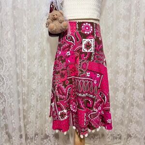 Y2K Willi Smith Pink Patchwork Midi Skirt Size 6 Beaded Boho Paisley Festival